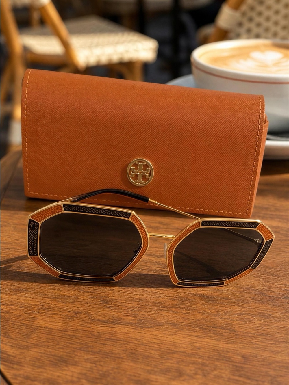 Tory Burch Gold-Tone Geometric Sunglasses with Brown Case